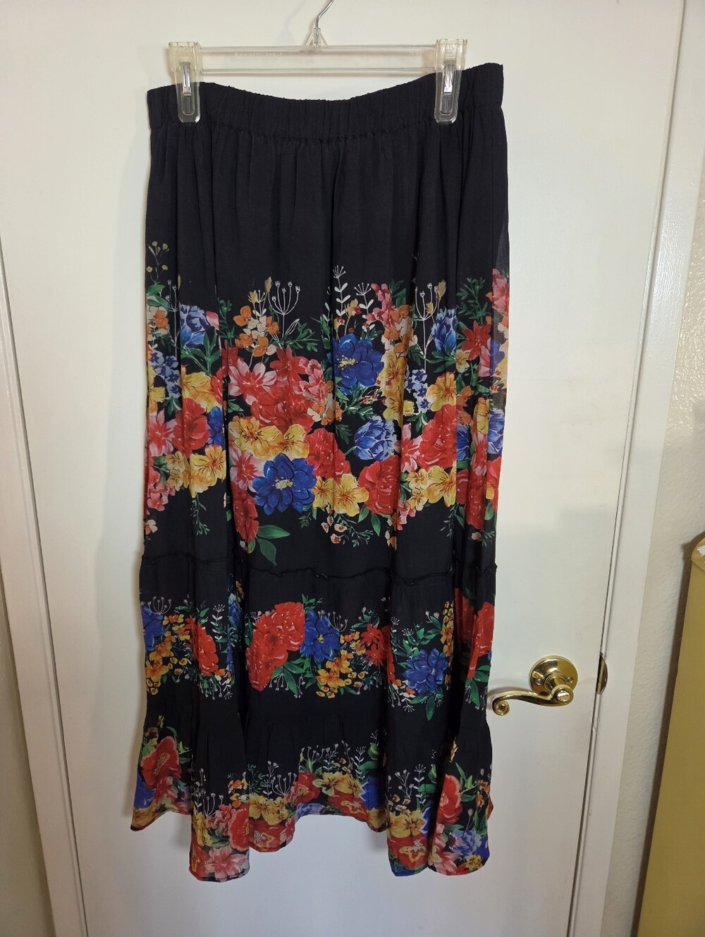 NATURAL LIFE Irina Maxi Skirt Painted Garden Black Multicolor Floral Tiered Boho